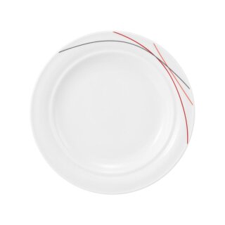 Porzellan Teller für Frühstück weiß dekoriert mit drei Linien in rot orange grau Durchmesser siebzehn zentimeter