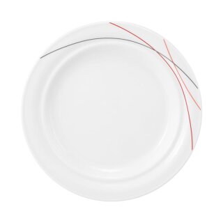 Porzellan Teller Systemgeschirr weiß dekoriert mit drei Linien in rot orange grau Durchmesser fünfundzwanzig zentimeter