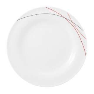 Porzellan Teller weiß dekoriert mit drei Linien in rot orange grau Durchmesser achtundzwanzig zentimeter