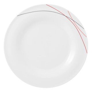Porzellan Teller weiß dekoriert mit drei Linien in rot orange grau Durchmesser dreißig zentimeter