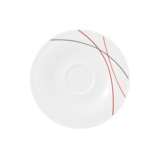 Porzellan Untertasse für Espressotasse weiß dekoriert mit drei Linien in rot orange grau Durchmesser hunderfünfunddreißig millimeter