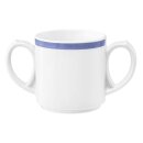 Kaffeebecher Porzellan mit 2 Henkel in weiß oben am Becherrand mit einem schmalen blauen Farbband dekoriert