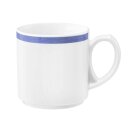 Kaffeebecher Porzellan mit 1 Henkel in weiß oben am Becherrand mit einem schmalen blauen Farbband dekoriert