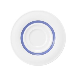 Porzellan Untertasse in weiß mit einem schmalen blauen Farbband dekoriert