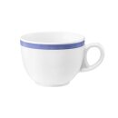 Kaffeetasse Porzellan nicht stapelbar mit 1 Henkel in weiß oben am Tassenrand mit einem schmalen blauen Farbband dekoriert