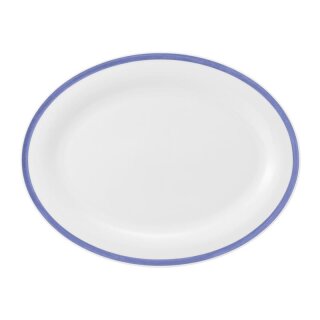 Porzellan Platte oval in weiß am Tellerrand mit einem schmalen blauen Farbband dekoriert