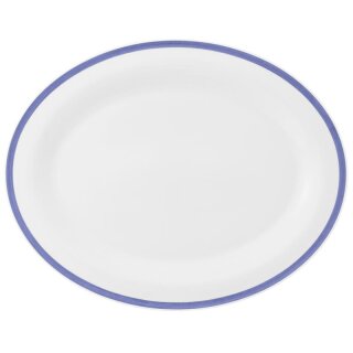 Porzellan Platte oval in weiß am Tellerrand mit einem schmalen blauen Farbband dekoriert