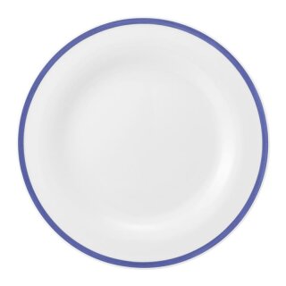 Porzellan Teller in weiß am Tellerrand mit einem schmalen blauen Farbband dekoriert