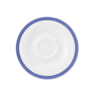 Porzellan Espresso Untertasse in weiß mit einem schmalen blauen Farbband dekoriert