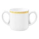 Kaffeebecher Porzellan mit 2 Henkel in weiß oben am Becherrand mit einem schmalen gelben Farbband dekoriert