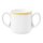 Kaffeebecher Porzellan mit 2 Henkel in weiß oben am Becherrand mit einem schmalen gelben Farbband dekoriert
