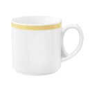 Kaffeebecher Porzellan mit 1 Henkel in weiß oben am Becherrand mit einem schmalen gelben Farbband dekoriert