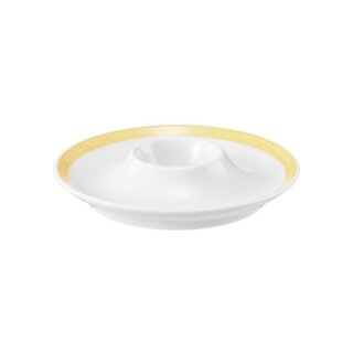 Eierbecher Porzellan in weiß am Ablagenrand mit einem schmalen gelben Farbband dekoriert