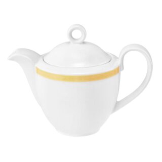 Kaffeekännchen Porzellan in weiß oben am Rand mit einem schmalen gelben Farbband dekoriert