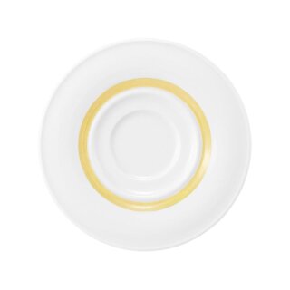 Porzellan Untertasse in weiß mit einem schmalen gelben Farbband dekoriert