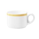 Kaffeetasse Porzellan stapelbar mit 1 Henkel in weiß oben am Tassenrand mit einem schmalen gelben Farbband dekoriert