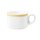 Kaffeetasse Porzellan stapelbar mit 1 Henkel in weiß oben am Tassenrand mit einem schmalen gelben Farbband dekoriert