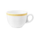 Kaffeetasse Porzellan nicht stapelbar mit 1 Henkel in weiß oben am Tassenrand mit einem schmalen gelben Farbband dekoriert