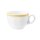 Kaffeetasse Porzellan nicht stapelbar mit 1 Henkel in weiß oben am Tassenrand mit einem schmalen gelben Farbband dekoriert