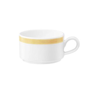 Espressotasse Porzellan stapelbar mit 1 Henkel in weiß oben am Tassenrand mit einem schmalen gelben Farbband dekoriert
