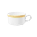 Espressotasse Porzellan stapelbar mit 1 Henkel in weiß oben am Tassenrand mit einem schmalen gelben Farbband dekoriert