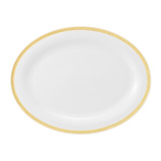 Porzellan Platte oval in weiß am Tellerrand mit einem schmalen gelben Farbband dekoriert
