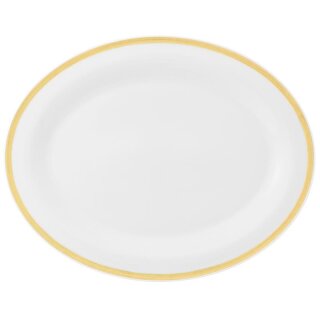Porzellan Platte oval in weiß am Tellerrand mit einem schmalen gelben Farbband dekoriert