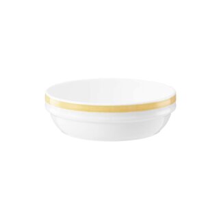 Salatschale Porzellan in weiß stapelbar oben am Schalenrand mit einem schmalen gelben Farbband dekoriert