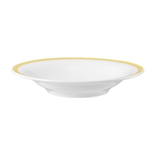 Porzellan Teller für Salat in weiß am Tellerrand mit einem schmalen gelben Farbband dekoriert