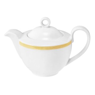 Teekännchen Porzellan in weiß oben am Rand mit einem schmalen gelben Farbband dekoriert