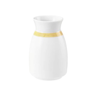 Porzellan Blumenvase in weiß und oben am Rand mit einem schmalen gelben Farbband dekoriert