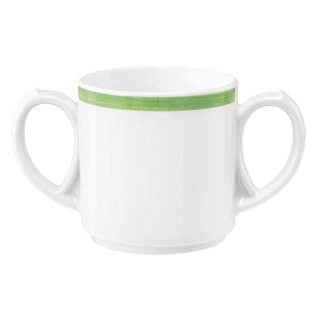 Kaffeebecher Porzellan mit 2 Henkel in weiß oben am Becherrand mit einem schmalen grünen Farbband dekoriert
