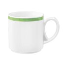 Kaffeebecher Porzellan mit 1 Henkel in weiß oben am Becherrand mit einem schmalen grünen Farbband dekoriert