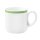 Kaffeebecher Porzellan mit 1 Henkel in weiß oben am Becherrand mit einem schmalen grünen Farbband dekoriert