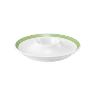 Eierbecher Porzellan in weiß am Ablagenrand mit einem schmalen grünen Farbband dekoriert