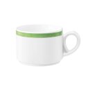 Kaffeetasse Porzellan stapelbar mit 1 Henkel in weiß oben am Tassenrand mit einem schmalen grünen Farbband dekoriert