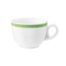 Kaffeetasse Porzellan nicht stapelbar mit 1 Henkel in weiß oben am Tassenrand mit einem schmalen grünen Farbband dekoriert