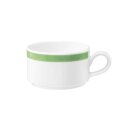 Espressotasse Porzellan stapelbar mit 1 Henkel in weiß oben am Tassenrand mit einem schmalen grünen Farbband dekoriert