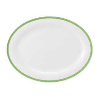 Porzellan Platte oval in weiß am Tellerrand mit einem schmalen grünen Farbband dekoriert