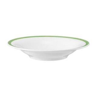 Porzellan Teller für Salat in weiß am Tellerrand mit einem schmalen grünen Farbband dekoriert