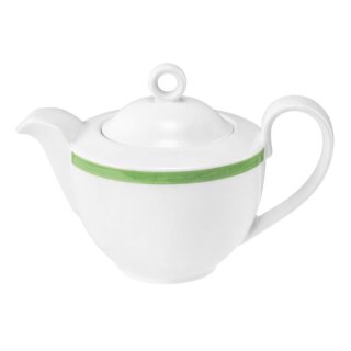 Teekännchen Porzellan in weiß oben am Rand mit einem schmalen grünen Farbband dekoriert