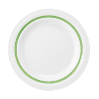 Porzellan Teller in weiß am Tellerrand mit einem schmalen grünen Farbband dekoriert