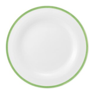 Porzellan Teller in weiß am Tellerrand mit einem schmalen grünen Farbband dekoriert