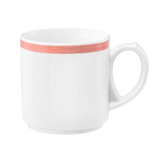 Kaffeebecher Porzellan mit 1 Henkel in weiß oben am Becherrand mit einem schmalen roten Farbband dekoriert