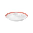 Eierbecher Porzellan in weiß am Ablagenrand mit einem schmalen roten Farbband dekoriert