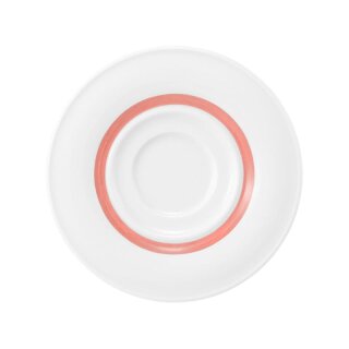 Porzellan Untertasse in weiß mit einem schmalen roten Farbband dekoriert