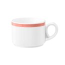 Kaffeetasse Porzellan stapelbar mit 1 Henkel in weiß oben am Tassenrand mit einem schmalen roten Farbband dekoriert
