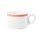 Kaffeetasse Porzellan stapelbar mit 1 Henkel in weiß oben am Tassenrand mit einem schmalen roten Farbband dekoriert