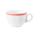 Kaffeetasse Porzellan nicht stapelbar mit 1 Henkel in weiß oben am Tassenrand mit einem schmalen roten Farbband dekoriert