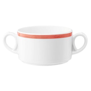 Suppentasse Porzellan stapelbar mit 2 Henkel in weiß oben am Suppentassenrand mit einem schmalen roten Farbband dekoriert